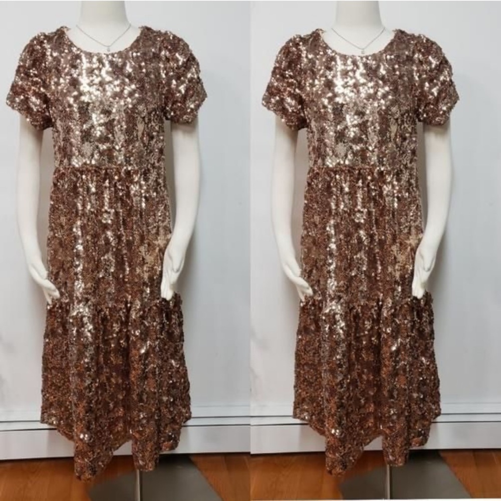 NEW Anthropologie Maeve Bernadette Rose Gold Sequin Tiered Midi Dress, Small